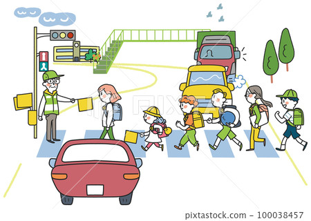 Elementary school students energetically commuting to and from school under the watchful eye of traffic guidance volunteers Illustration material 100038457