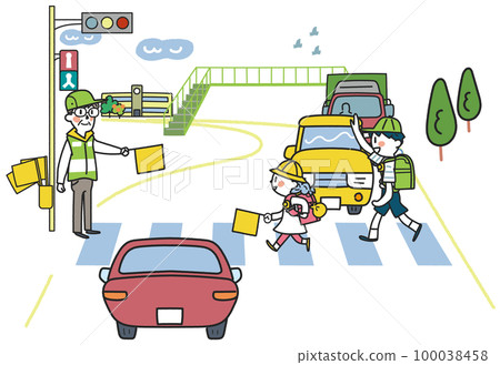 Elementary school students energetically commuting to and from school under the watchful eye of traffic guidance volunteers Illustration material Elementary school students energetically commuting to and from school under the watchful eye of traffic guidance volunteers Illustration material 100038458