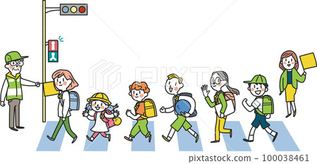 在交通引導志願者的注視下，小學生精力充沛地上下學插圖素材 100038461