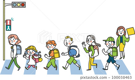 在交通引導志願者的注視下，小學生精力充沛地上下學插圖素材 100038463