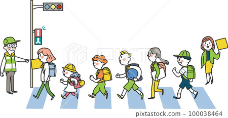 在交通引導志願者的注視下，小學生精力充沛地上下學插圖素材 100038464
