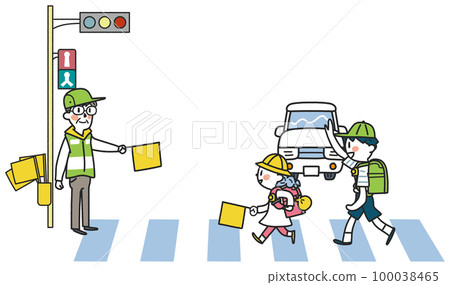 在交通引導志願者的注視下，小學生精力充沛地上下學插圖素材 100038465