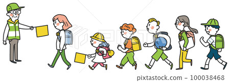 在交通引導志願者的注視下，小學生精力充沛地上下學插圖素材 100038468
