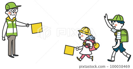 Elementary school students energetically commuting to and from school under the watchful eye of traffic guidance volunteers Illustration material 100038469