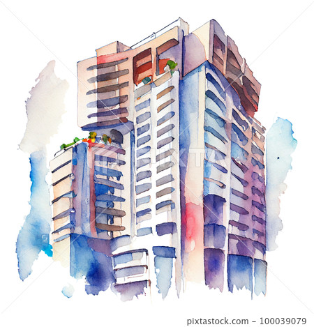 圖片素材：現代塔式公寓的水彩插圖 100039079