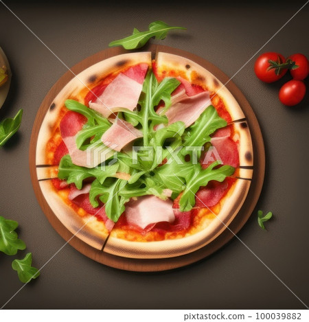 Classical Italian pizza with prosciutto and rocket salad on round wooden plate on table background 100039882