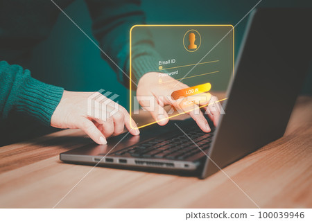 Man protecting personal data on a computer laptop and virtual interface. Cyber security concept to protect data. Secure encryption and access to the user's private information to access the internet. Man protecting personal data on a computer laptop and virtual interface. Cyber security concept to protect data. Secure encryption and access to the user's private information to access the internet. 100039946