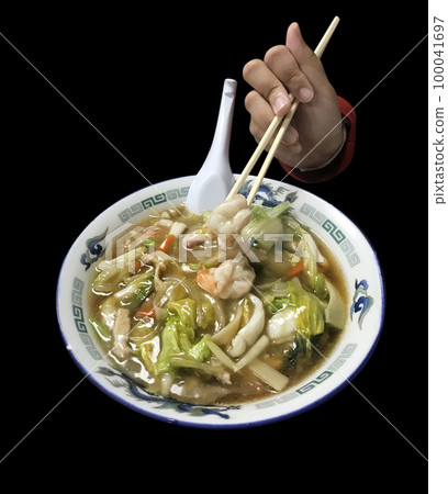 Top view of ramen noodle soup with seafood and prawn, focus selective Top view of ramen noodle soup with seafood and prawn, focus selective 100041697