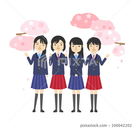High school girls gathering together under the cherry blossoms High school girls gathering together under the cherry blossoms 100042202