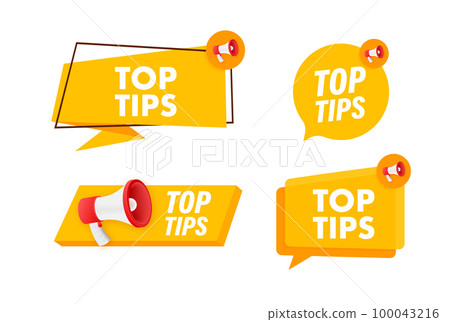 Megaphone label set with text Top tips. Megaphone in hand promotion banner. Marketing and advertising Megaphone label set with text Top tips. Megaphone in hand promotion banner. Marketing and advertising 100043216