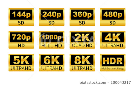 Video resolution labels. 360 720p 1080p 2k 4k 6k 8k HDR. Video resolution labels. 360 720p 1080p 2k 4k 6k 8k HDR. 100043217