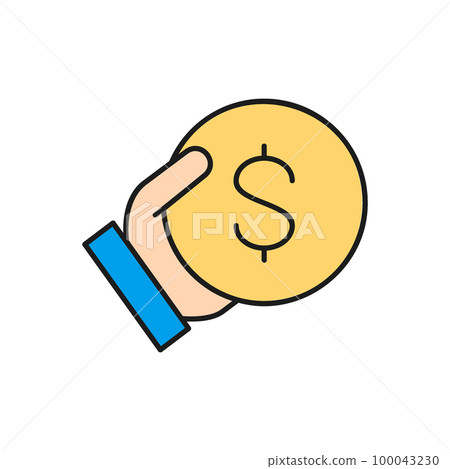 Hand holds a coin, save money, invest color lineal icon. Finance, payment, invest finance symbol design. Hand holds a coin, save money, invest color lineal icon. Finance, payment, invest finance symbol design. 100043230