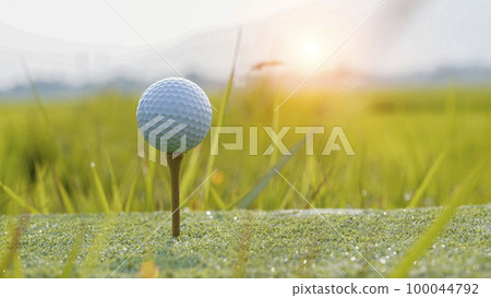 White Golf ball on tee on green grass of golf course with copy space White Golf ball on tee on green grass of golf course with copy space 100044792