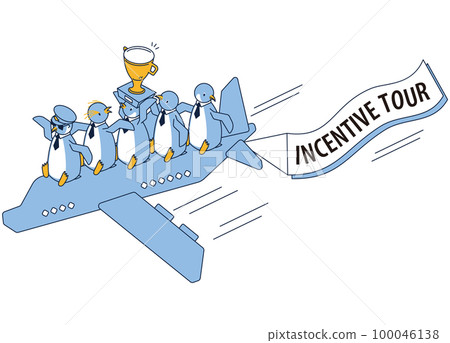 Illustration of a cute penguin going on a reward trip on an airplane 100046138