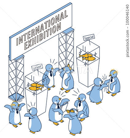 Illustration of a cute penguin announcing a new product at an exhibition Illustration of a cute penguin announcing a new product at an exhibition 100046140