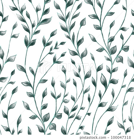 Nature seamless pattern. Twigs with transparent dark green leaves on white background Nature seamless pattern. Twigs with transparent dark green leaves on white background 100047318