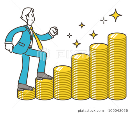 Male businessman going up money stairs. Salary increase, investment, savings concept [vector illustration material] 100048056