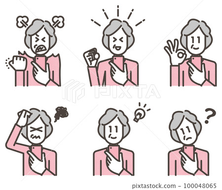 智能手機和高級女性面部表情變化集[上半身人物矢量插圖素材] 100048065