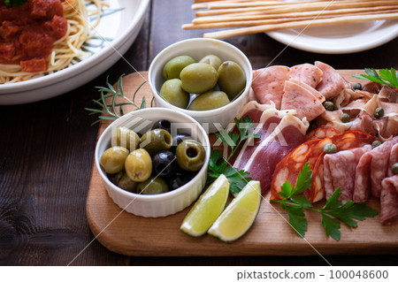 Prosciutto ham and salami plate (close-up) 100048600
