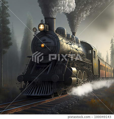 A Steam Engine Train Travels through a Dense, Foggy Pine Forest with Black Metal Body and Churning Wheels, Stirring up Mist and Creating a Hauntingly Beautiful, Eerie Atmosphere 100049143