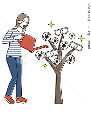 Young woman watering money tree 100049392