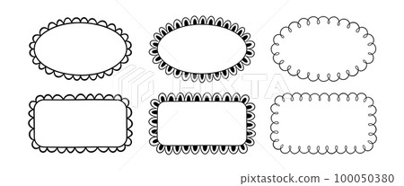 Doodle circle and square scalloped frames. Hand drawn scalloped edge rectangle and ellipse shapes. Simple label form. Flower silhouette lace frame. Vector illustration isolated on white background 100050380