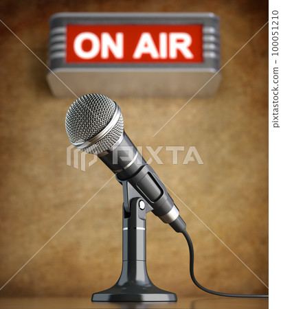 Microphone in the old studio with on air sign 100051210