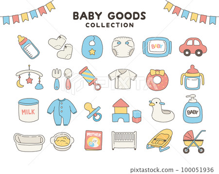 Illustration set of baby goods with colorful lines 100051936