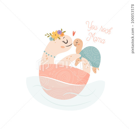 Mama Turtle with baby. Happy Mothers day greeting Mama Turtle with baby. Happy Mothers day greeting 100053578
