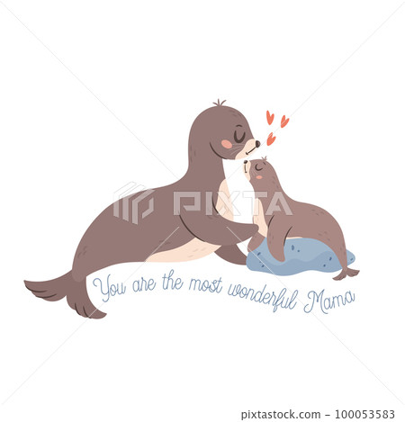 Mama Seal with baby. Happy Mothers day greeting  100053583