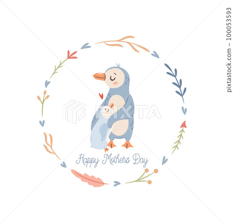 Mama Penguin with baby. Happy Mothers day greeting Mama Penguin with baby. Happy Mothers day greeting 100053593