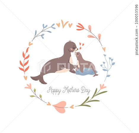 Mama Seal with baby. Happy Mothers day greeting Mama Seal with baby. Happy Mothers day greeting 100053596