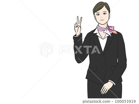 Illustration of a Japanese business woman in a suit making a V sign pose with a smile, upper body, front 100053919
