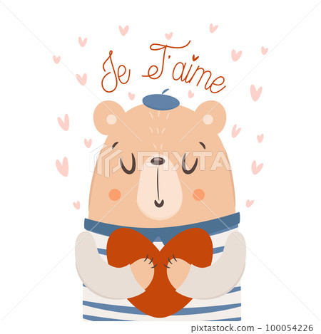 Je T'aime. Cute bear holding big heart. Valentine's day  100054226