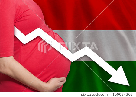 Hungarian pregnant woman on Hungarian flag background. Falling fertility rate in Hungary Hungarian pregnant woman on Hungarian flag background. Falling fertility rate in Hungary 100054305