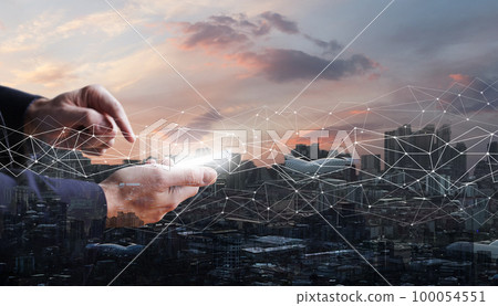 Business communication concept, mobile phone with white screen in hands  100054551