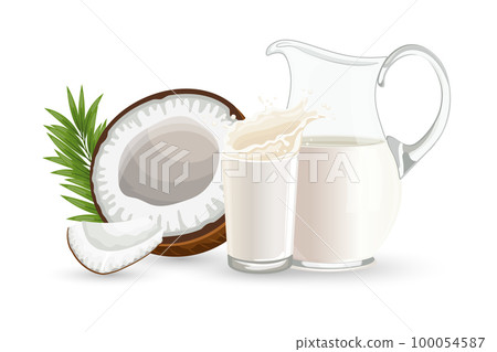 Coconut, half a coconut, a jug and a glass of milk with splashes on a white background. Illustration, vector 100054587