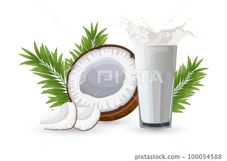Coconut, half a coconut, pieces of coconut and a glass of milk with splashes on a white background. Illustration, vector Coconut, half a coconut, pieces of coconut and a glass of milk with splashes on a white background. Illustration, vector 100054588