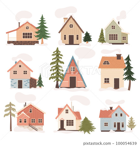 Scandinavian Winter Cabins Set. Vector... - Stock Illustration ...