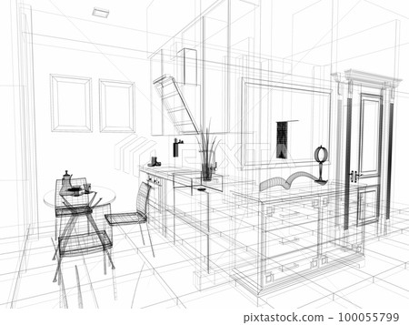 modern kitchen in the apartment, 3d rendering modern kitchen in the apartment, 3d rendering 100055799