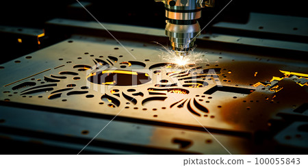 cnc laser machine cuts a metal sheet. 100055843