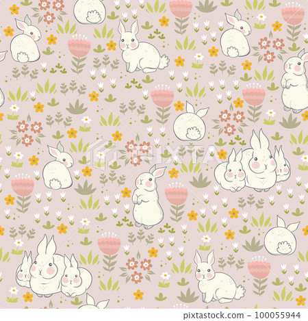 Spring bunnies seamless pattern with flowers. Vector graphics. 100055944