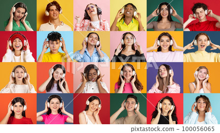Music vibes. Collage of ethnically diverse people, men and women expressing different emotions and listening to music over multicolored background. 100056065