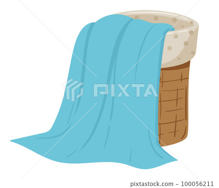 Cartoon laundry basket. Dirty clothes or towels ready for cleaning, laundry day concept flat vector illustration 100056211