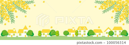 Banner frame spring townscape house mimosa scenery background cute simple illustration material Banner frame spring townscape house mimosa scenery background cute simple illustration material 100056314