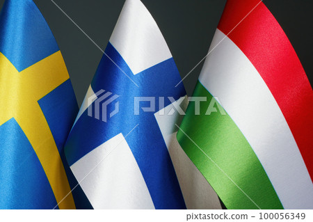 Flags of Finland, Sweden and Hungary as a symbol of negotiations. Flags of Finland, Sweden and Hungary as a symbol of negotiations. 100056349