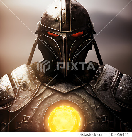 Portrait of a post-apocalyptic warrior in an armored helmet 100056445