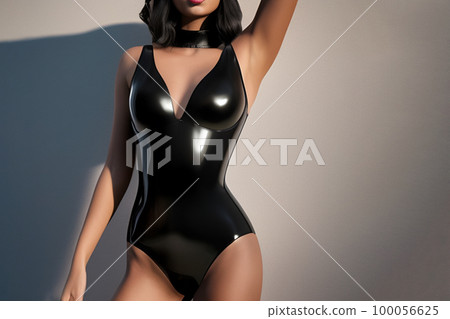 Woman dressed in latex leather suit for adult bdsm games. Generative AI Woman dressed in latex leather suit for adult bdsm games. Generative AI 100056625
