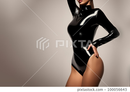 Woman dressed in latex leather suit for adult bdsm games. Generative AI Woman dressed in latex leather suit for adult bdsm games. Generative AI 100056643