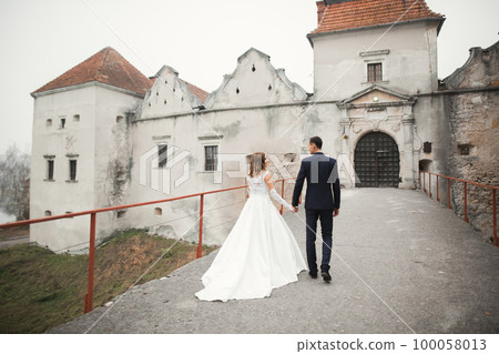 Wedding couple holding hands, groom and bride together on wedding day Wedding couple holding hands, groom and bride together on wedding day 100058013